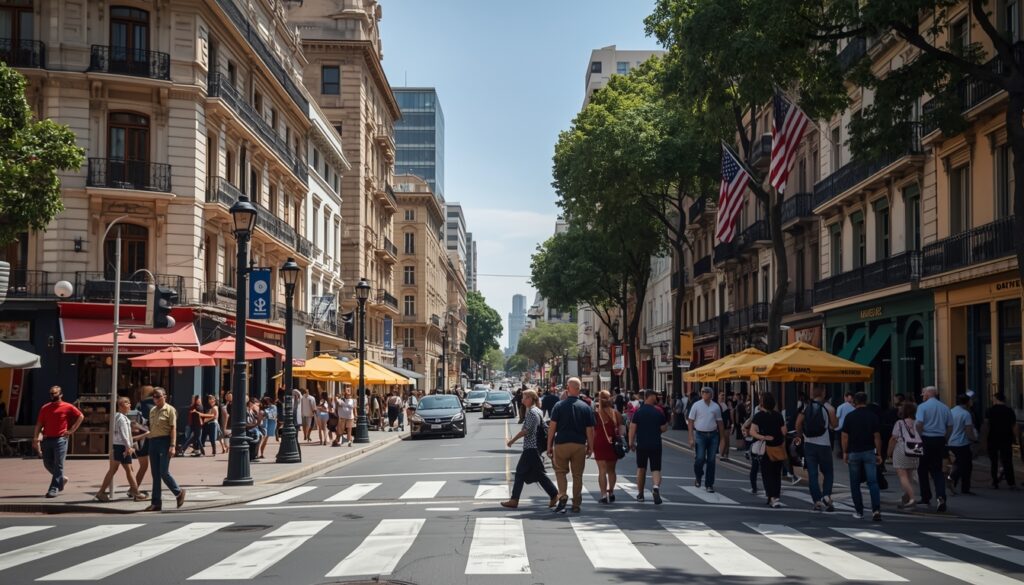 Movimento na Avenida Florida em Buenos Aires com pessoas circulando e casas de câmbio ao fundo em 2026