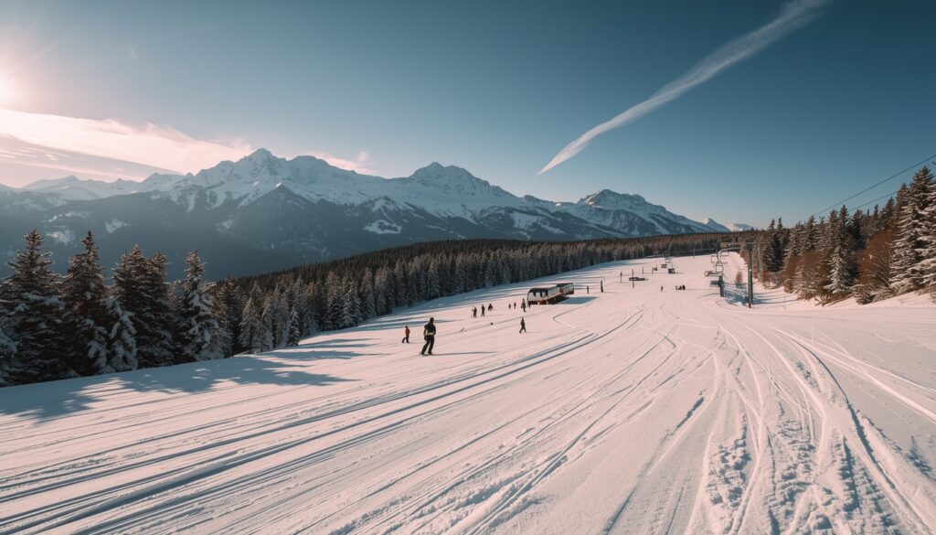 Esquiadores nas pistas de Bansko na Bulgária com montanhas cobertas de neve ao fundo em 2026