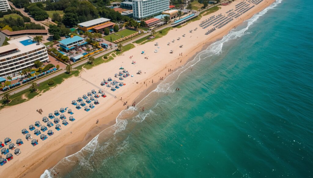 Praia do Mar Negro na Bulgária em Sunny Beach com turistas e guarda-sóis coloridos em verão 2026
