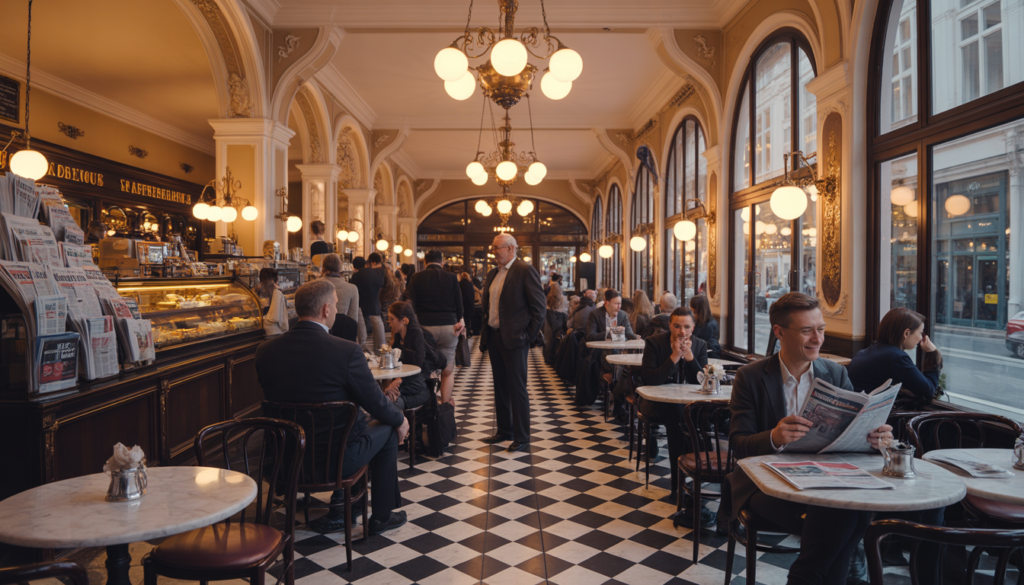 Café vienense Kaffeehaus interior histórico elegante — cultura de café austríaca Patrimônio da UNESCO central na vida de quem mora na Áustria
