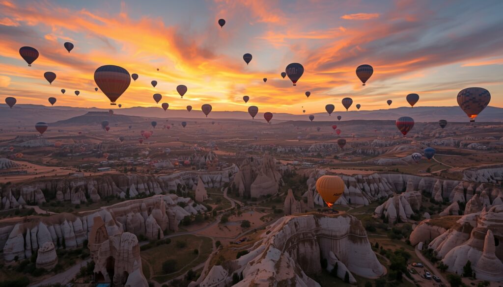 Balões coloridos sobrevoando a Capadócia ao nascer do sol Turquia — experiência mais icônica para brasileiros que viajam para a Turquia