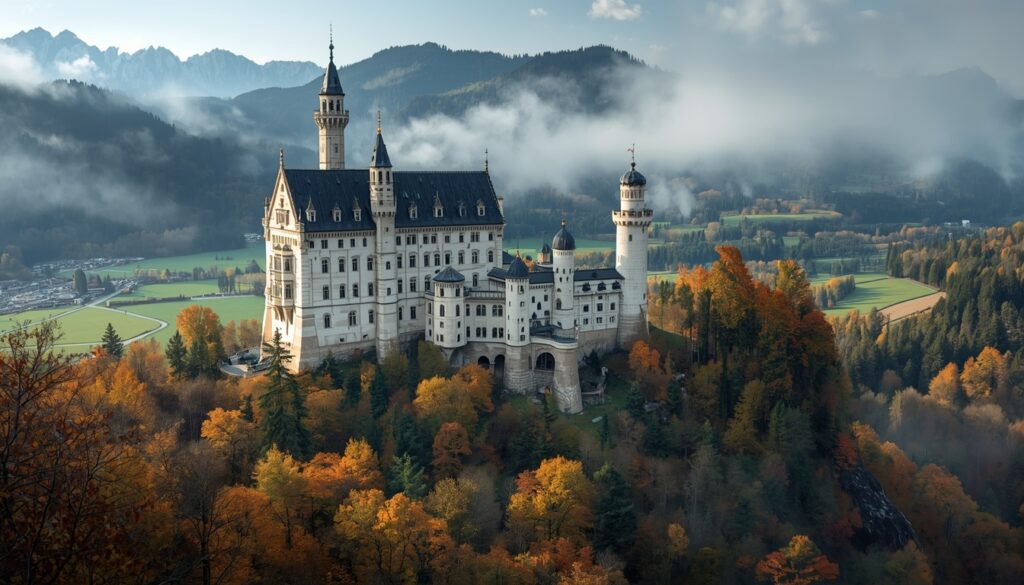 Castelo de Neuschwanstein no outono com montanhas dos Alpes bávaros ao fundo — a inspiração real para o castelo da Bela Adormecida da Disney e atração mais visitada da Alemanha