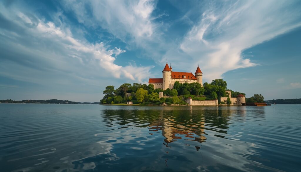 Castelo de Trakai em ilha no lago da Lituânia, forte medieval de tijolos vermelhos cercado por águas calmas e floresta