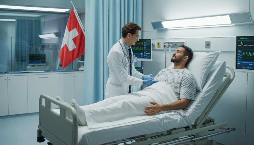 Cobertura médica seguro viagem Suíça — hospital suíço moderno e cartão de seguro