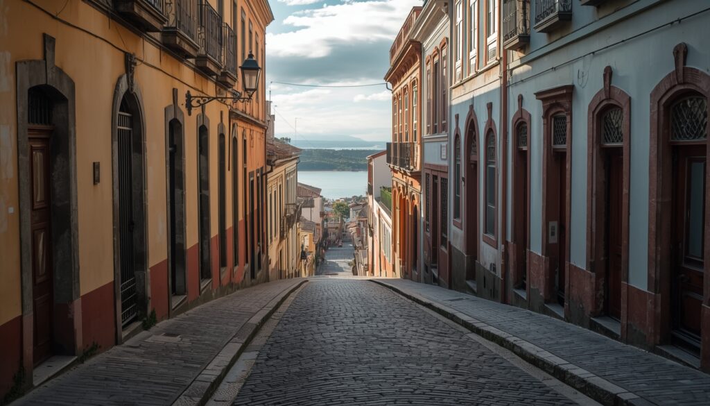 Rua histórica de paralelepípedos de Colônia do Sacramento Uruguai com arquitetura colonial e farol ao fundo