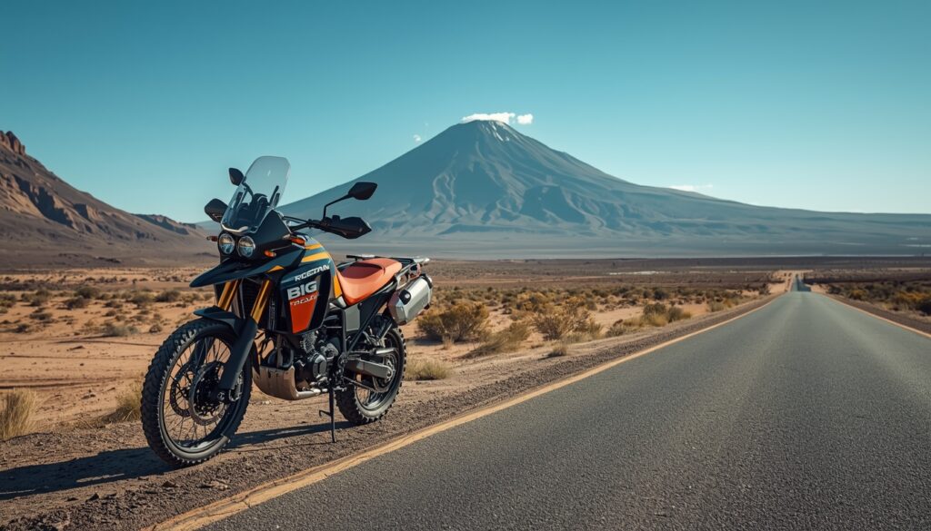 🌵 Guia Completo Deserto do Atacama 2026: Roteiro, Preços e Dicas Moto Big Trail carregada com baús em uma estrada deserta no Atacama, Chile.
