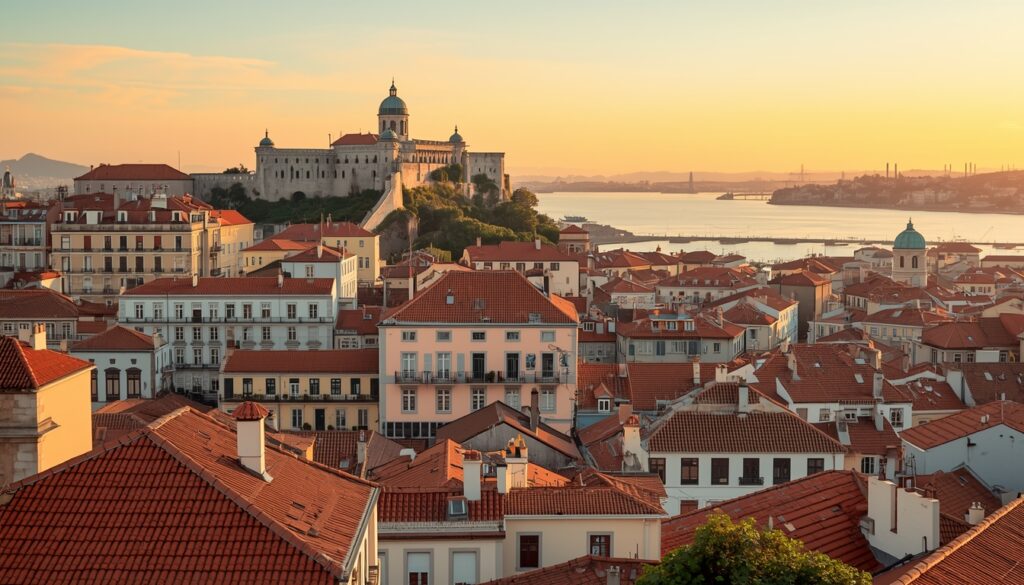 Vista panorâmica de Lisboa com o Castelo de São Jorge e o Rio Tejo ao fundo ao entardecer representando o destino favorito dos brasileiros para emigrar
