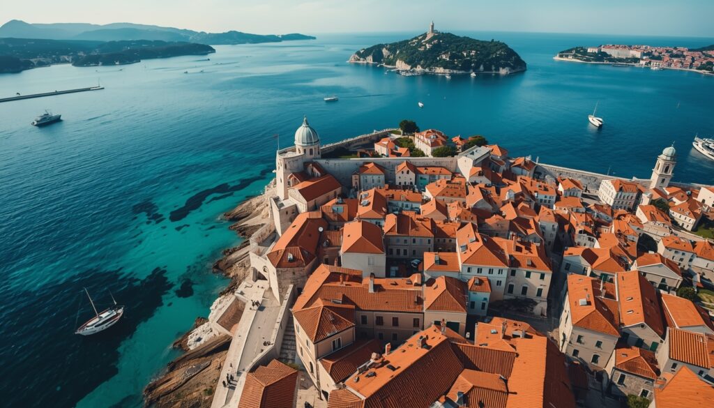 como morar na Croácia Vista panorâmica de Dubrovnik com as muralhas medievais o Mar Adriático azul cristalino e as ilhas ao fundo representando a Croácia como destino para morar
