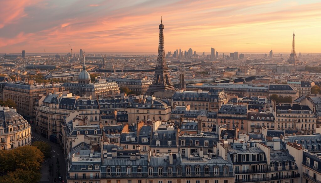Vista panorâmica de Paris com a Torre Eiffel ao entardecer — guia completo 2026 sobre como morar na França sendo brasileiro, vistos, custo de vida e passo a passo