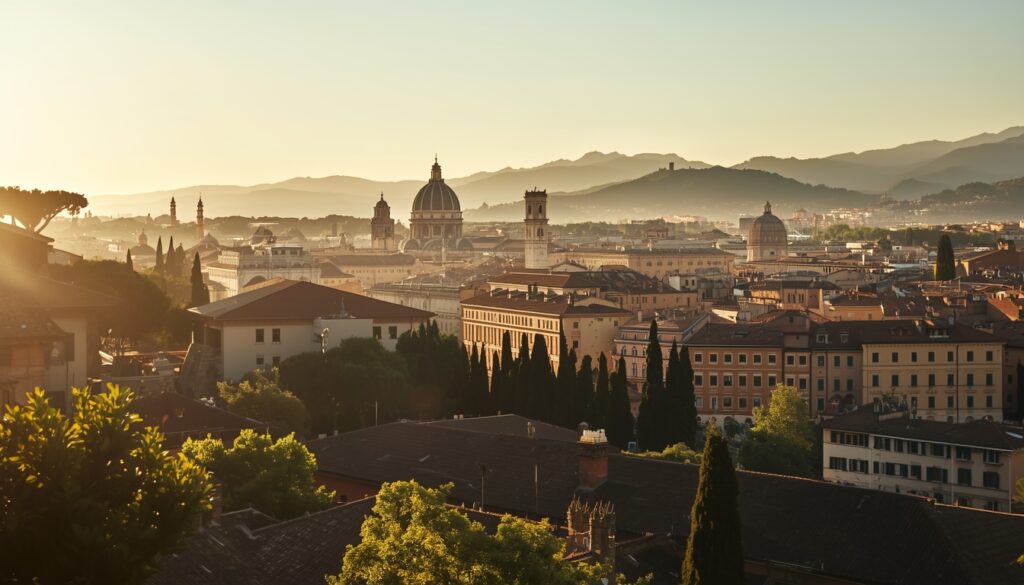 Vista panorâmica de Roma com o Coliseu ao fundo e brasileiros caminhando pelas ruas históricas ao entardecer