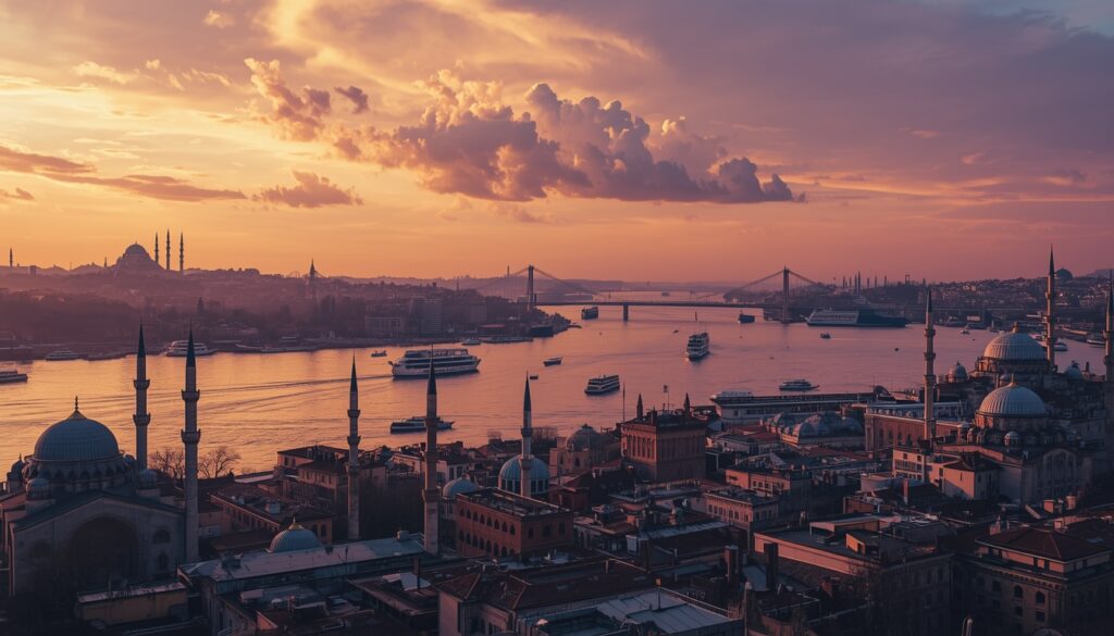 Vista panorâmica de Istambul com o Estreito do Bósforo ao fundo e mesquitas históricas — guia completo 2026 sobre como morar na Turquia sendo brasileiro