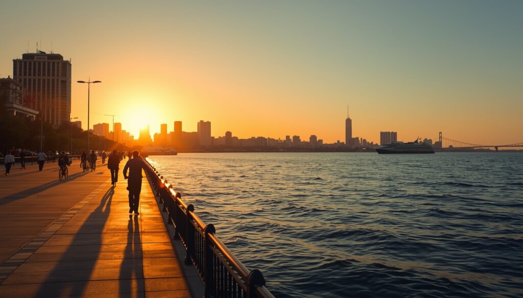 como morar no Uruguai Vista panorâmica da Rambla de Montevidéu ao entardecer com o Rio da Prata ao fundo e brasileiros caminhando no calçadão
