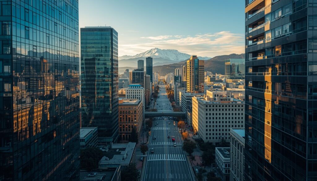 Como trabalhar no Chile 2026 — vista do centro financeiro de Santiago com arranha-céus