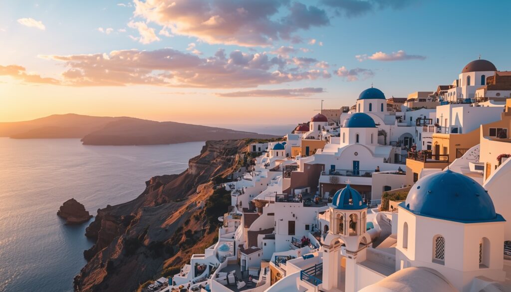 🇬🇷 Como Viajar para a Grécia: Guia Completo 2026 para Brasileiros (Do Planejamento ao Embarque) Vista panorâmica das casas brancas com cúpulas azuis de Oia em Santorini na Grécia ao entardecer com o Mar Egeu ao fundo