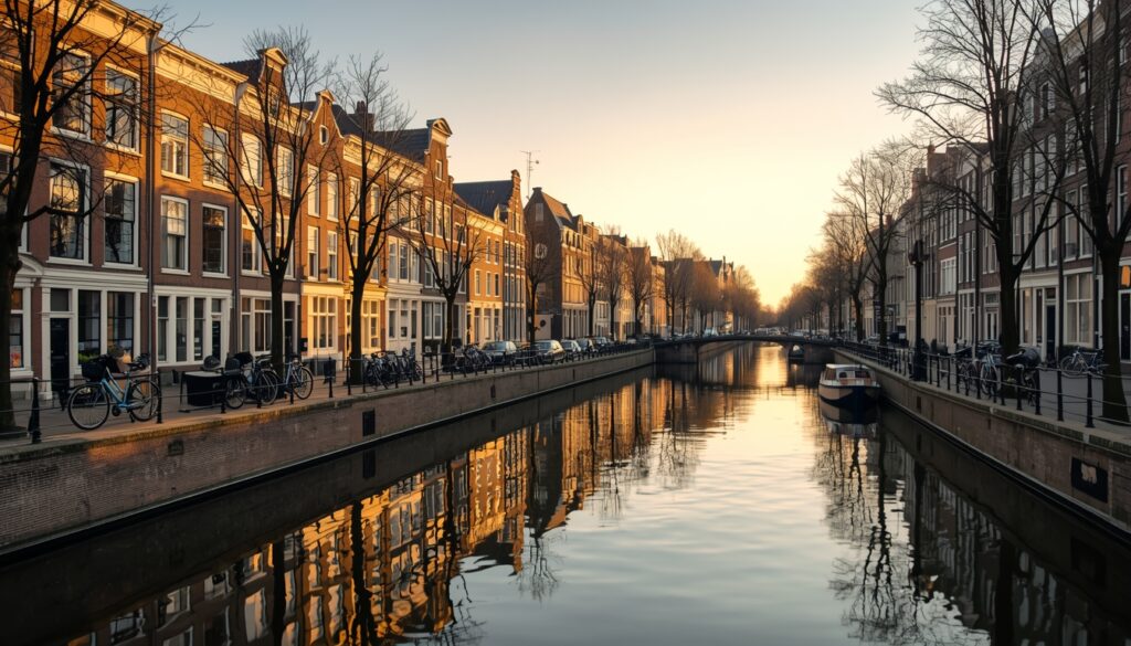 Vista panorâmica dos canais históricos de Amsterdam com casas de tijolos centenárias e bicicletas na ponte, representando como viajar para a Holanda em 2026