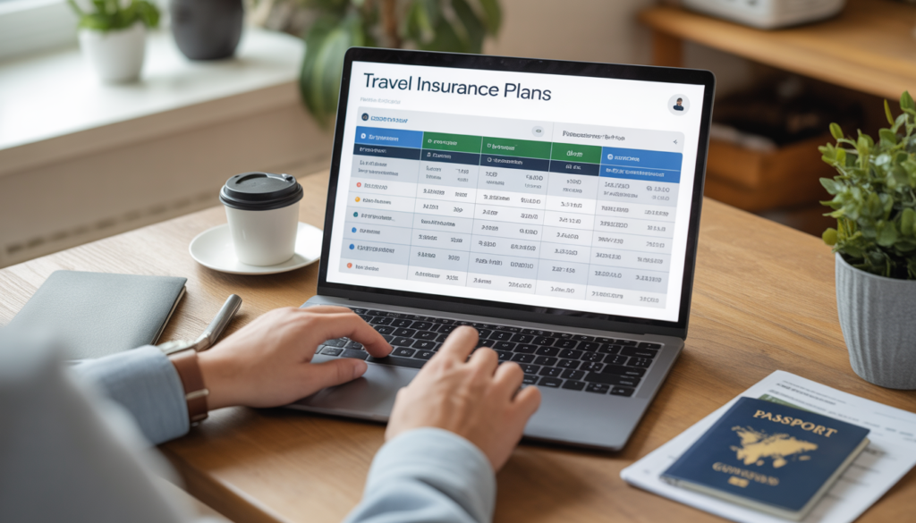Pessoa comparando preços de seguros viagem Assist Card em laptop com outros planos lado a lado para encontrar melhor custo-benefício