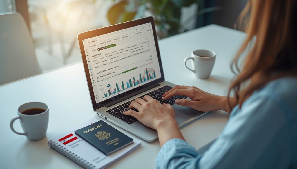 Pessoa usando laptop para comparar planos de seguro viagem para a Áustria com passaporte e documentos sobre a mesa