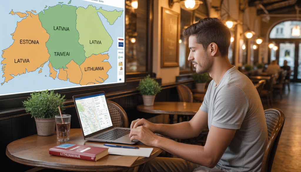Pessoa comparando seguros viagem para a Lituânia em um laptop — como escolher o melhor plano em 2026