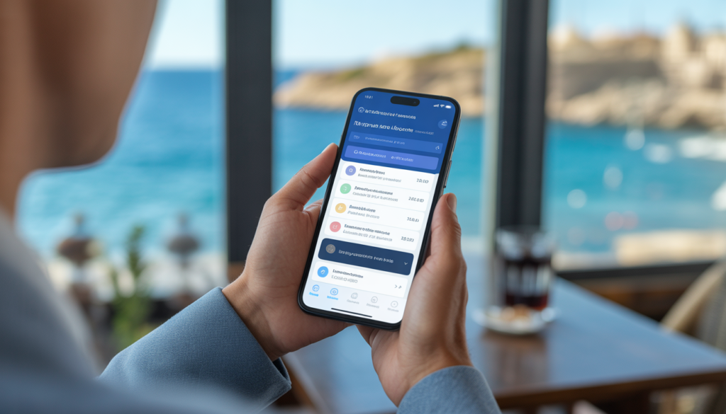 Celular exibindo interface de comparador de seguros viagem para Malta com diferentes planos e preços