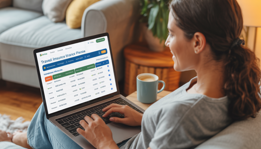 Pessoa comparando planos de seguro viagem para Portugal em laptop com site de cotação — melhor forma de encontrar o menor preço com cobertura adequada para o Espaço Schengen em 2026