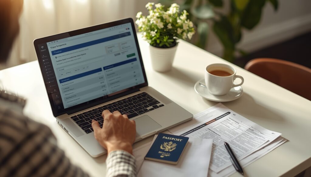 Pessoa usando laptop para comparar seguros viagem com cobertura para doenças preexistentes antes de viajar