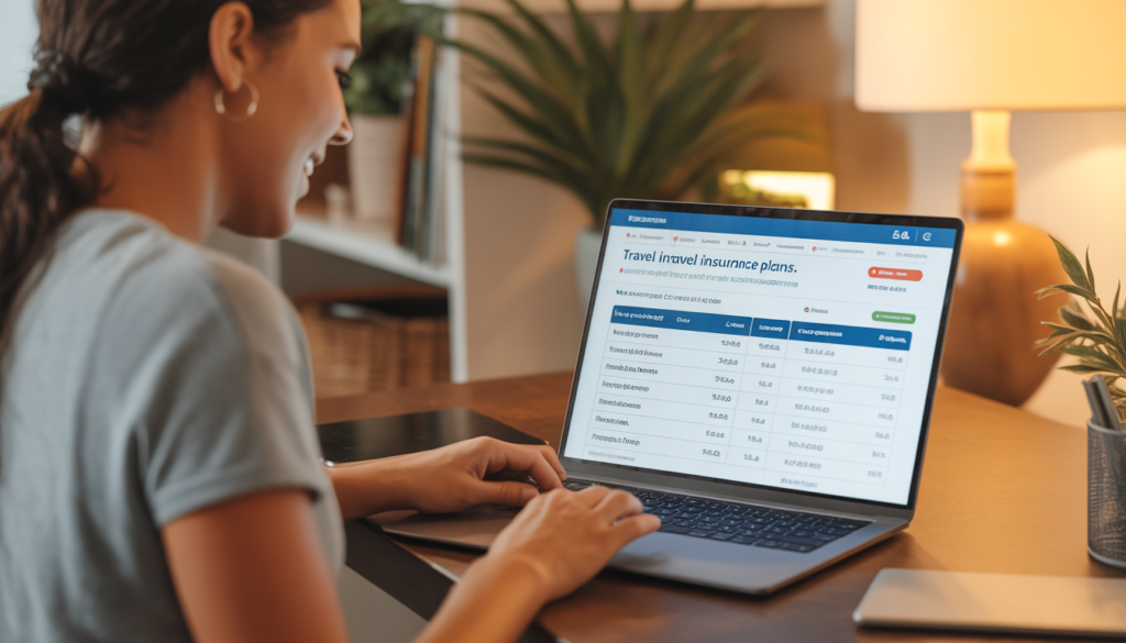 Pessoa usando laptop para contratar seguro viagem Alemanha online, comparando planos e preços em 2026