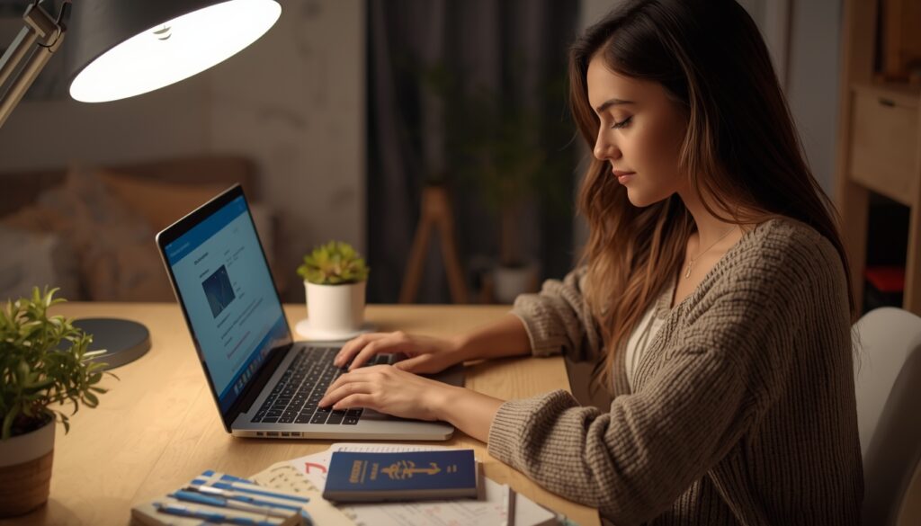 Pessoa usando notebook para contratar seguro viagem para a Grécia online, com passaporte e documentos de viagem sobre a mesa