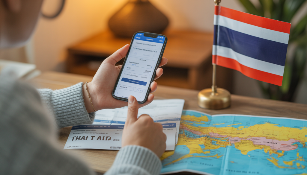 Pessoa no celular contratando seguro viagem para a Tailândia online com mapa da Ásia e passagem aérea ao fundo