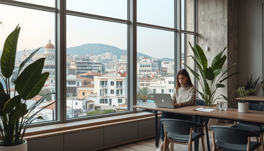 Trabalhar na Grécia Sendo Brasileiro: Guia Completo 2026 Nômade digital trabalhando em coworking em Atenas Grécia — como trabalhar na Grécia sendo brasileiro em 2026