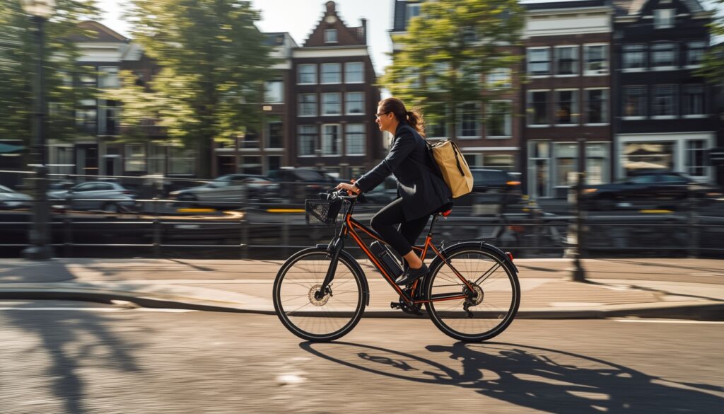Profissional andando de bicicleta pelas ciclovias de Amsterdam com pasta de trabalho, representando a cultura de trabalho holandesa