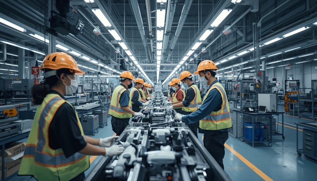 Trabalhadores em uma fábrica moderna japonesa com equipamentos de segurança em linha de produção, representando o trabalho dekassegui no Japão