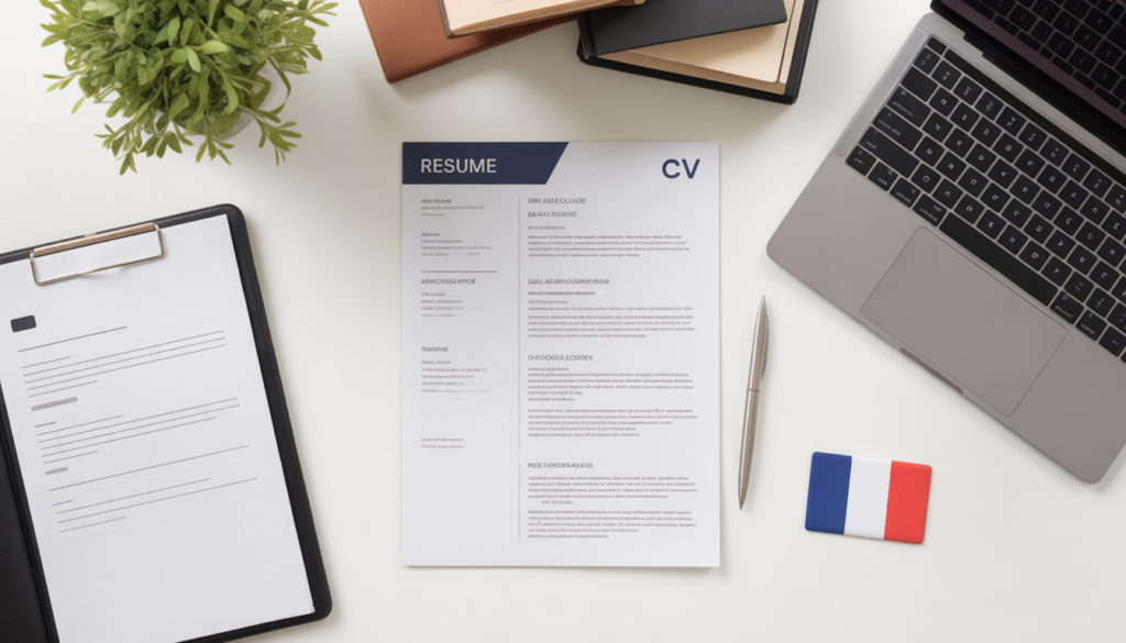 Currículo em francês sobre mesa com laptop caneta e documentos representando o processo de candidatura ao mercado de trabalho francês