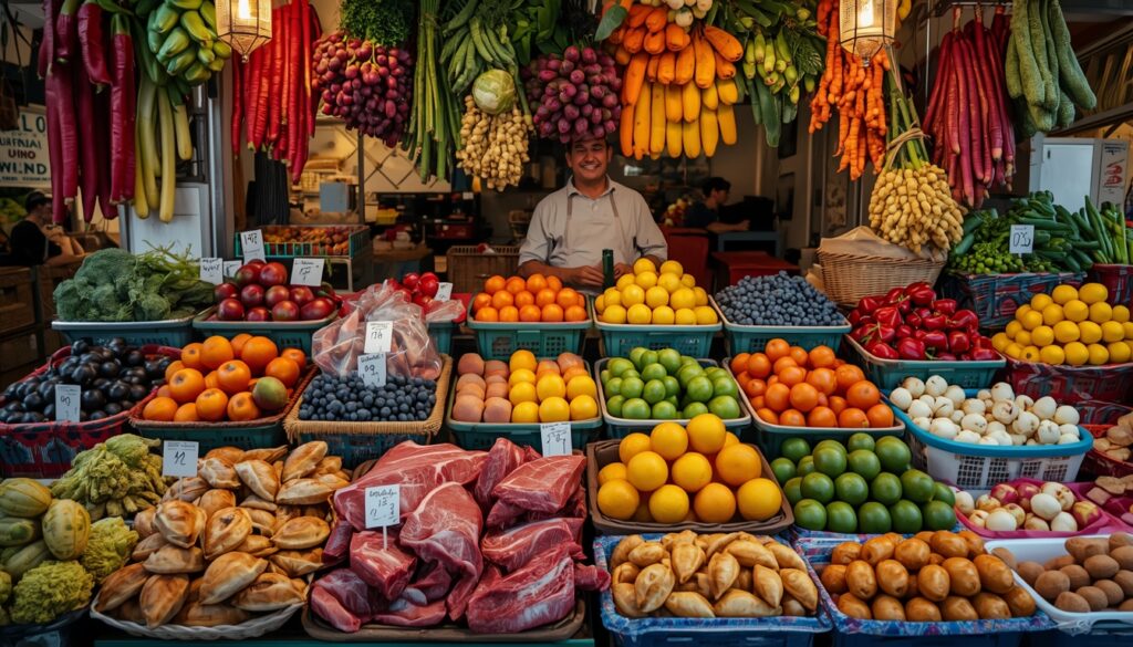 Feira livre argentina com frutas, verduras e carnes — custo de alimentação na Argentina em 2026