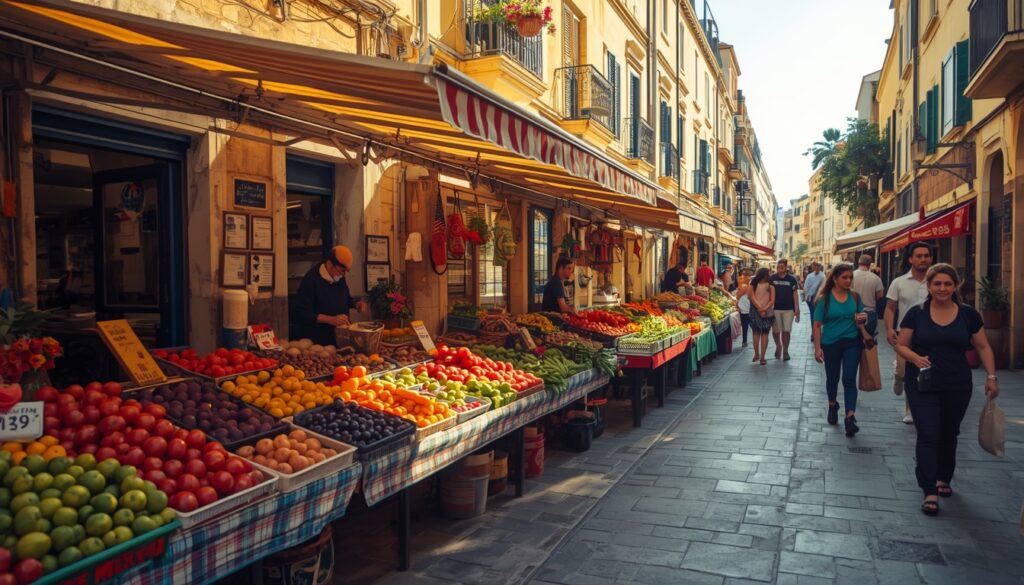 Mercado de frutas e legumes locais em Malta, representando o custo de vida acessível do país