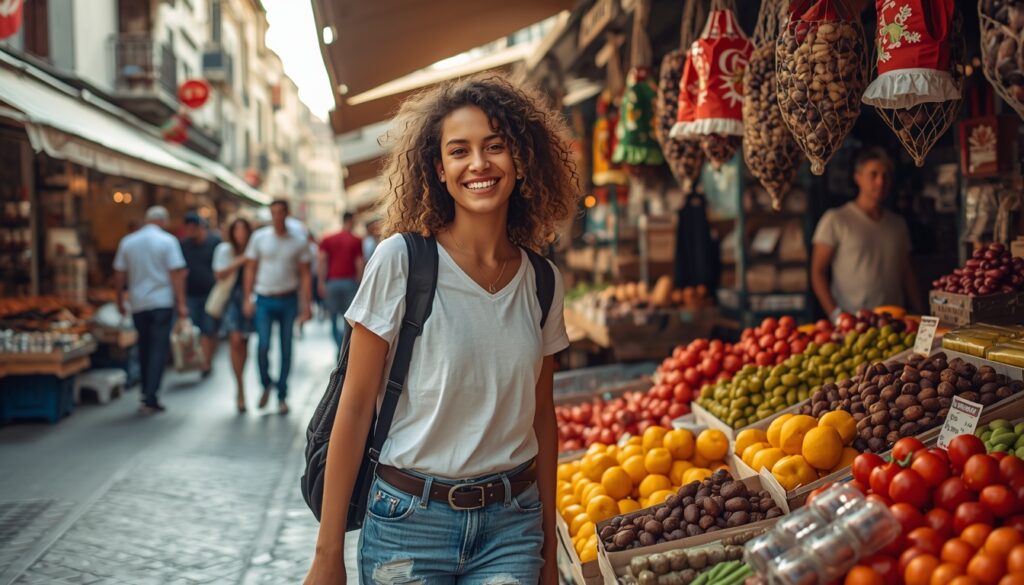 Brasileiro comprando frutas e legumes frescos em mercado local (pazar) de Istambul — custo de vida acessível na Turquia para quem recebe em reais ou moeda estrangeira em 2026