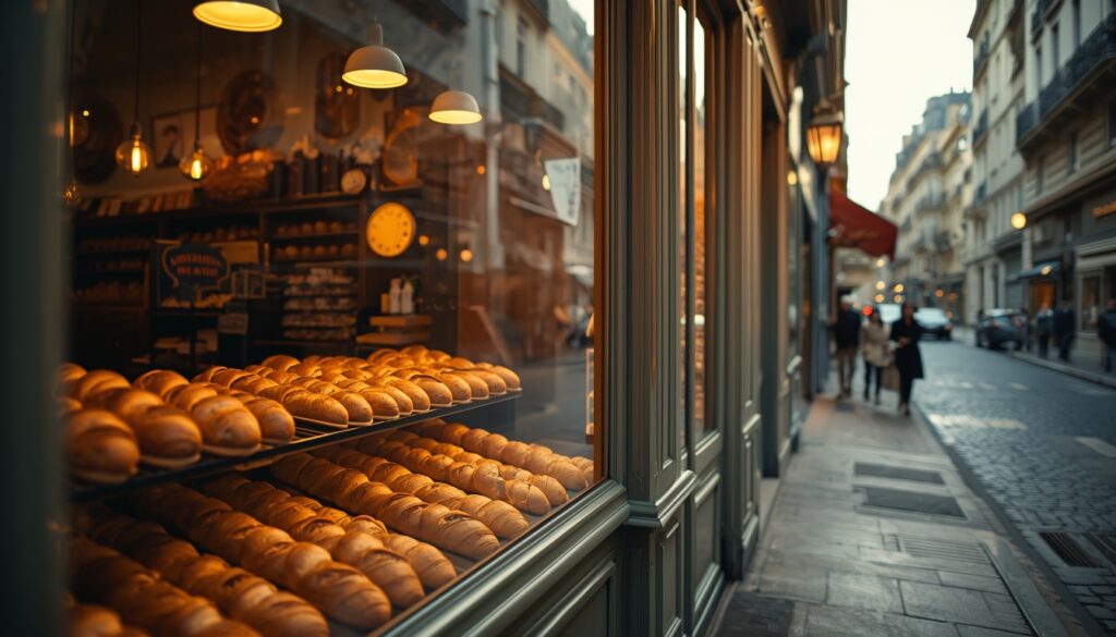 Boulangerie tradicional francesa com baguetes e croissants frescos na vitrine — custo de vida cotidiano na França para brasileiros que moram no país em 2026