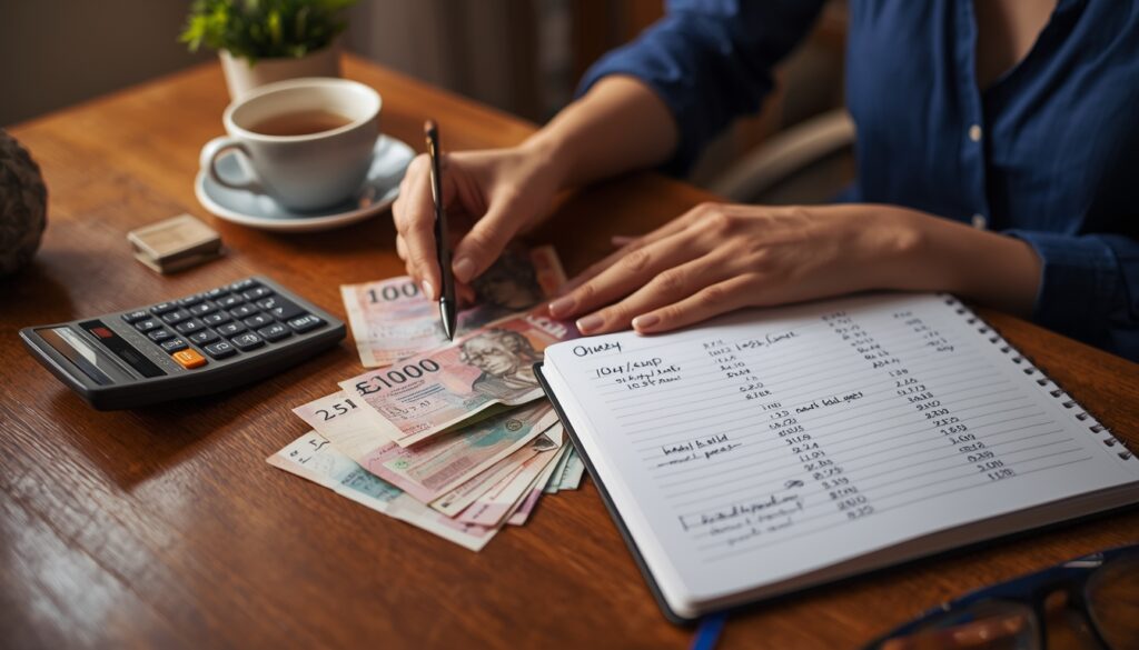 Pessoa fazendo planejamento financeiro com notas de libra esterlina, calculadora e notebook para organizar o custo de vida na Inglaterra