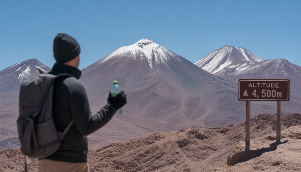 🌵 Guia Completo Deserto do Atacama 2026: Roteiro, Preços e Dicas Turista em mirante de alta altitude no Deserto do Atacama, Chile, prevenindo o mal de altitude.