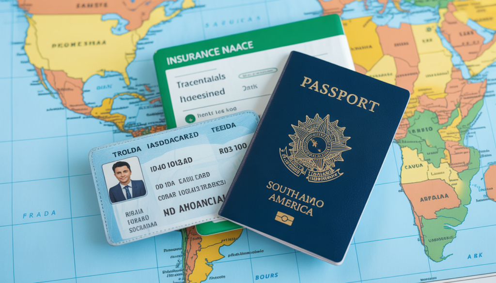 RG e Passaporte brasileiro sobre mapa, ilustrando o que é exigido para entrar na Argentina.