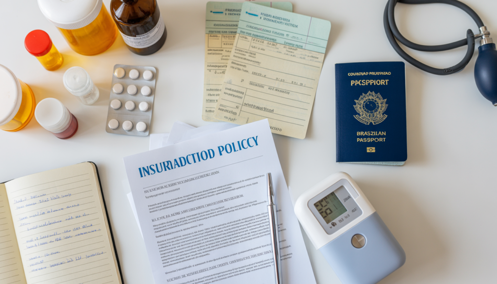 Flat lay com documentos médicos, receitas, medicamentos e apólice de seguro viagem organizados para viajante com doença preexistente
