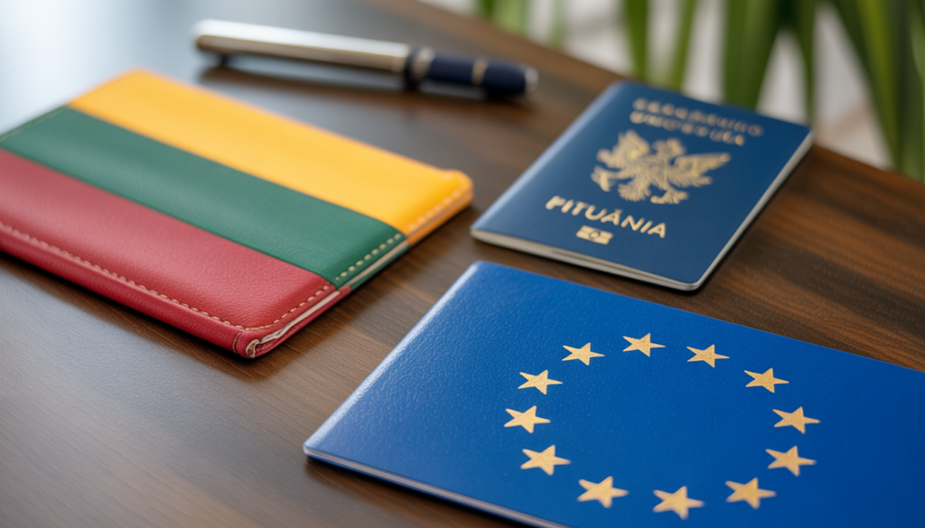 Documentos de visto de trabalho para a Lituânia na Europa, formulários oficiais com selos e passaporte lituano
