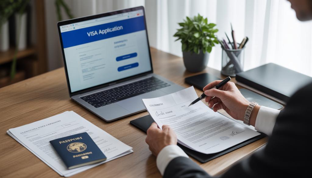 trabalhar em Malta Pessoa organizando documentos para visto de trabalho em Malta incluindo passaporte extrato bancário e contratos sobre mesa de madeira