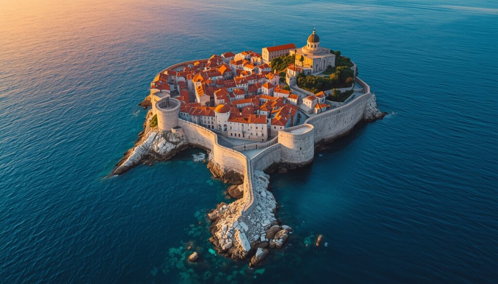 Vista aérea das muralhas medievais de Dubrovnik com o Mar Adriático azul ao fundo — a Pérola do Adriático e um dos cenários de Game of Thrones, destino mais visitado da Croácia por brasileiros