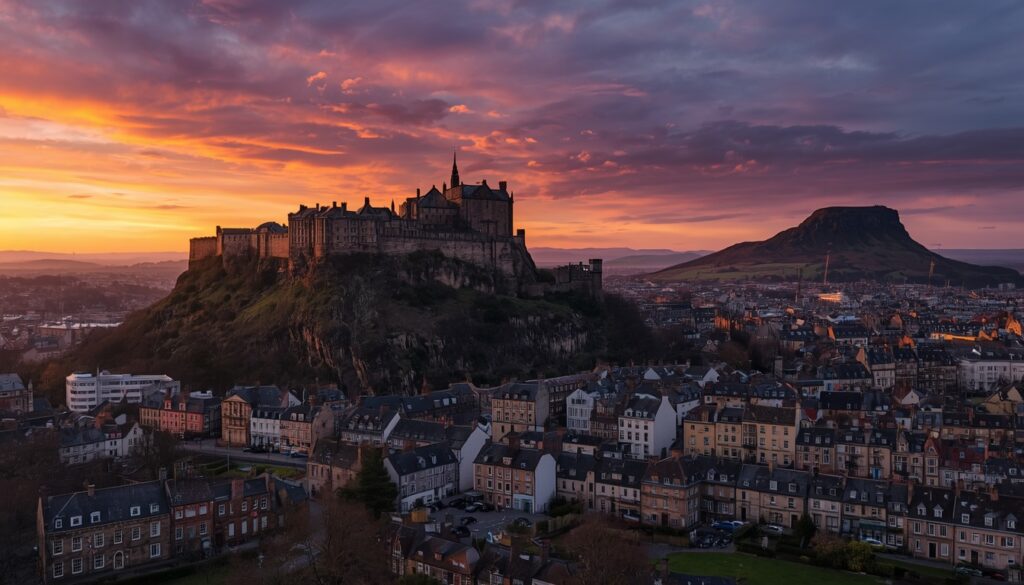 Vista panorâmica aérea de Edimburgo Escócia ao entardecer com o Castelo de Edimburgo em destaque na rocha vulcânica e a Old Town ao fundo