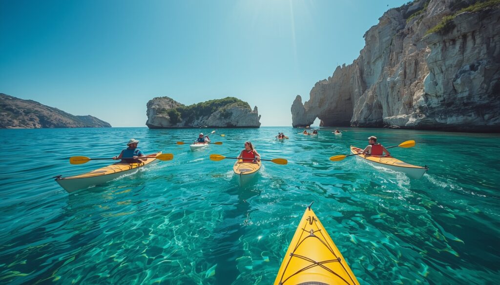 Turistas praticando caiaque nas águas cristalinas do Mar Adriático próximo às ilhas croatas — atividade que exige cobertura específica no seguro viagem para a Croácia