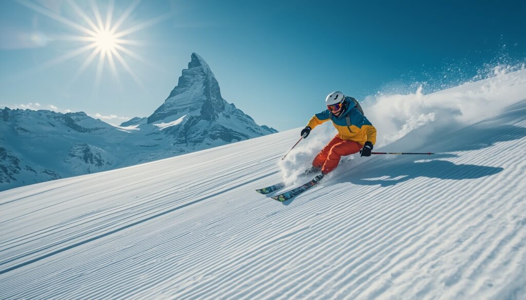 Seguro esportes neve esqui Suíça Alpes 2026 — esquiador em pista com montanhas nevadas