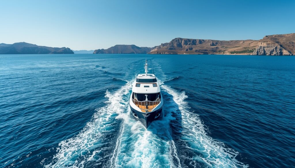 🇬🇷 Como Viajar para a Grécia: Guia Completo 2026 para Brasileiros (Do Planejamento ao Embarque) Ferry boat navegando entre as ilhas gregas no Mar Egeu azul com ilhas ao fundo, representando o transporte entre Santorini e Mykonos