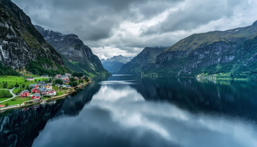 Vista espetacular de fiordes noruegueses próximos a Bergen com montanhas nevadas e águas cristalinas — a qualidade de vida incomparável é um dos maiores atrativos para brasileiros que trabalham na Noruega