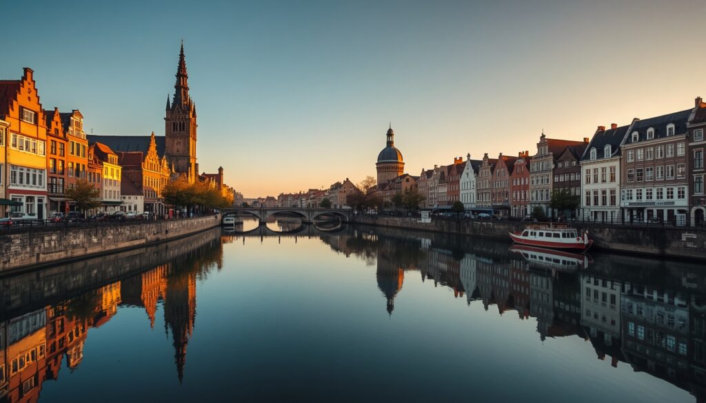 Vista panorâmica de Gante Bélgica ao entardecer com as torres medievais da Catedral de São Bavão refletidas no canal Leie e as casas de guilda flamengas iluminadas
