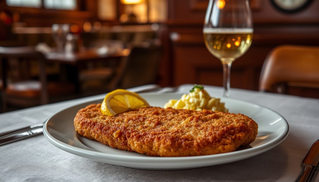 Wiener Schnitzel tradicional austríaco servido em restaurante histórico de Viena, acompanhado de salada de batata e limão — gastronomia típica da Áustria